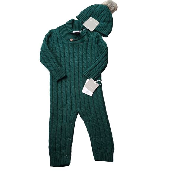 Tahari Knit Romper Set Baby 6-9 Months Green Bodysuit Hat 2 Piece Cable Knit NWT - Picture 1 of 10